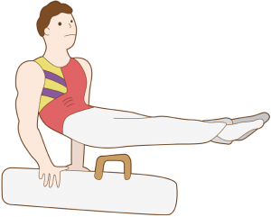 Gimnastyk w ćwiczenia na koniu z łękami Gra