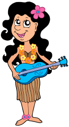 Kobieta na Hawajach, grając ukulele. Hawajski Gra