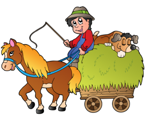 Wózek ręczny siana z rolnikiem, koń i pies Gra